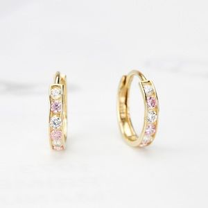 14K Yellow Gold Genuine Pink Topaz & Channel Set Diamond Huggie Hoop Earrings